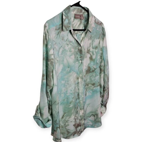 Chico's Women's Plus Size No Iron Floral Paint Print Shirt Italian Aqua size 3 ( - Picture 2 of 7
